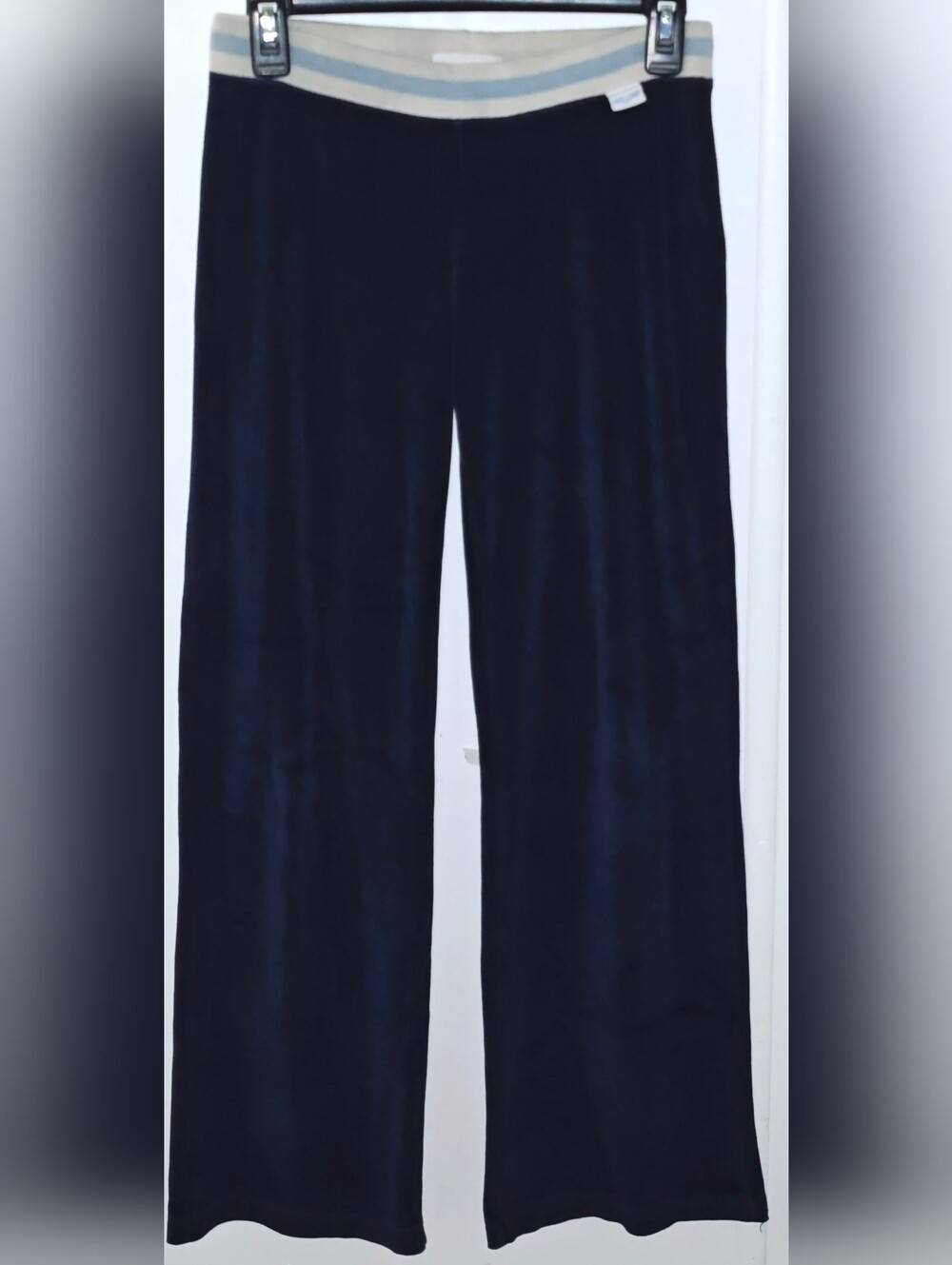 Fox Women's Navy Velour Track Pants with Stripe Waistband Vintage